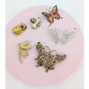 Vintage Insect‎ Brooch Lot 6pc Butterfly Dragonfly Ladybug Bee Spring Botanical